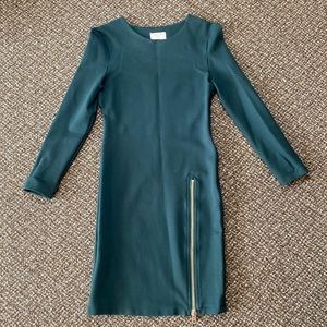 Six Crisp Days Dark Green Mini Dress with Gold Zipper Detail